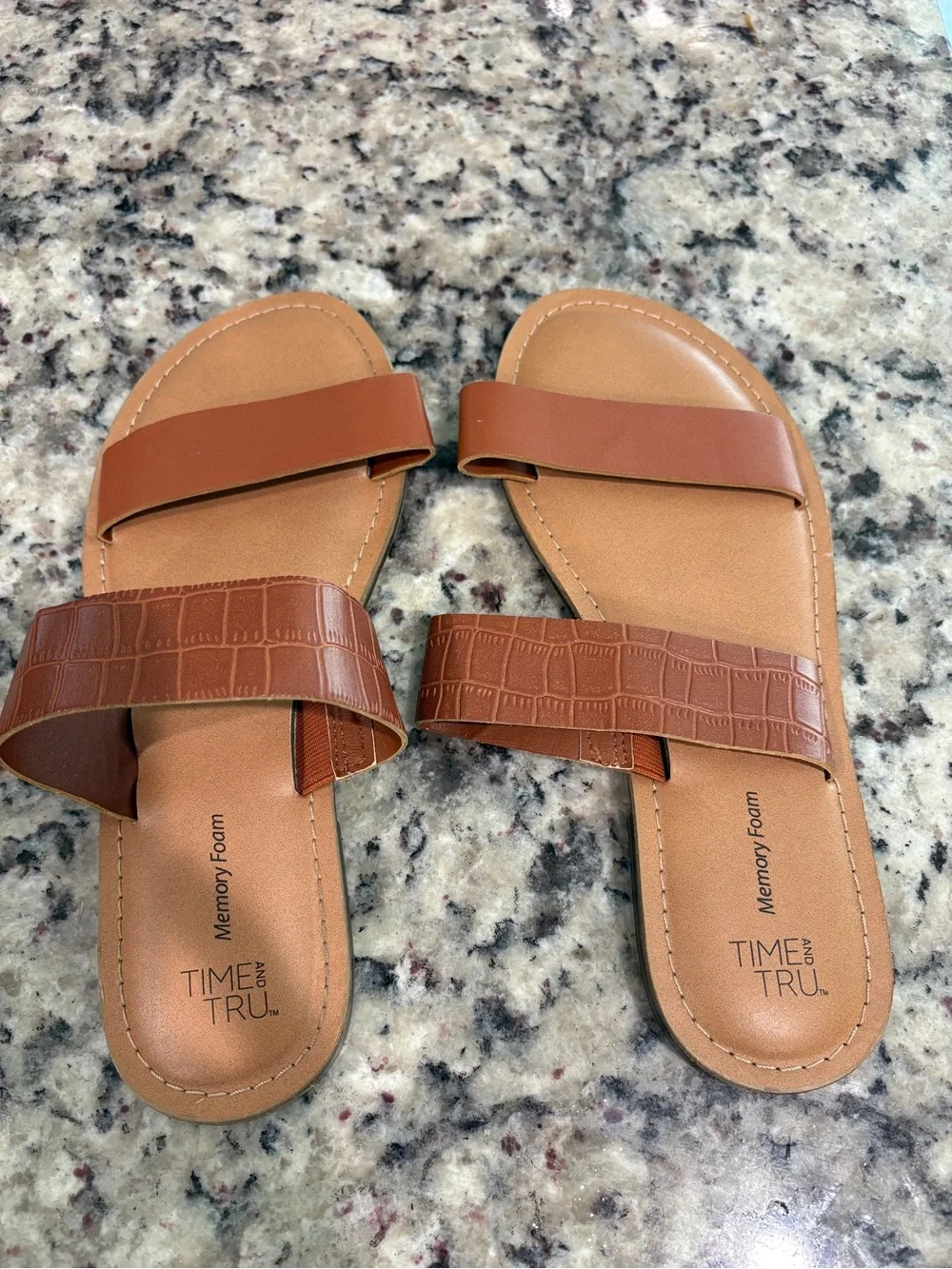 Time and Tru Tan Croc-Texture Double Band Slide Sandals